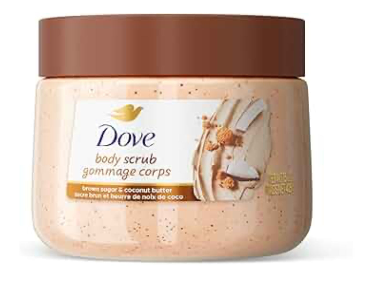 Dove body scrub jar with a brown lid