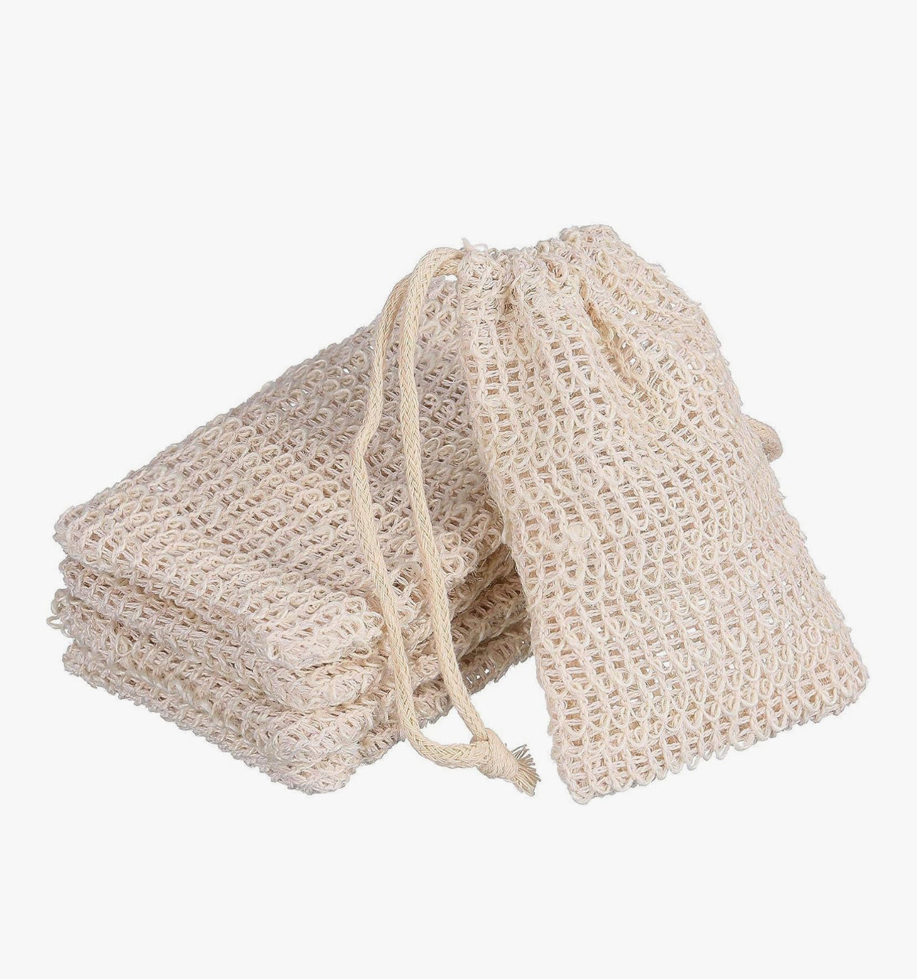 Set of natural woven soap bags on a white background