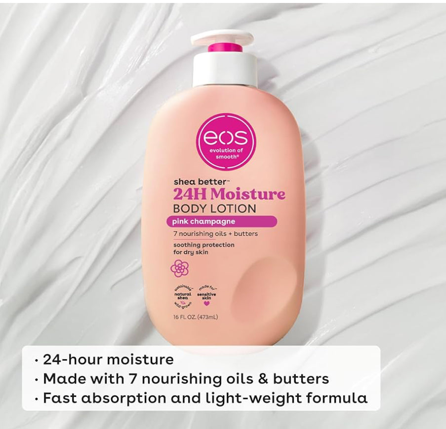  eos shea butter 24-hour moisture body lotion bottle on a white background