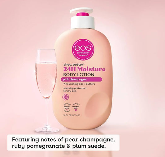  eos shea butter 24H Moisture Body Lotion bottle with pink champagne flavor on a pink background