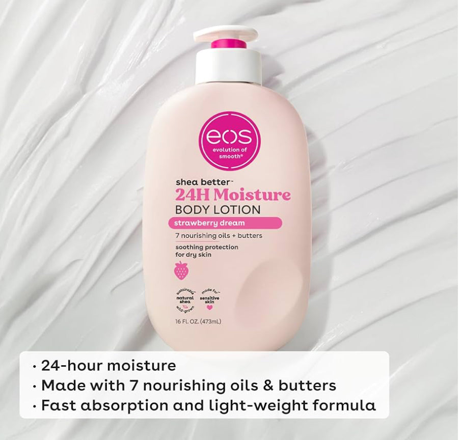 EOS strawberry dream body lotion bottle on a white background
