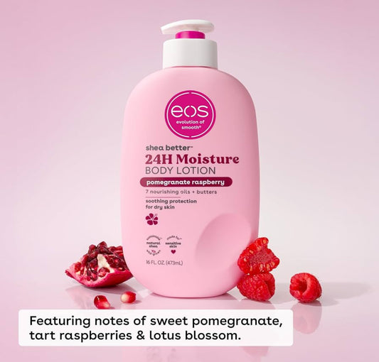 Pink bottle of eos 24H Moisture Body Lotion with pomegranate and raspberry on a pink background