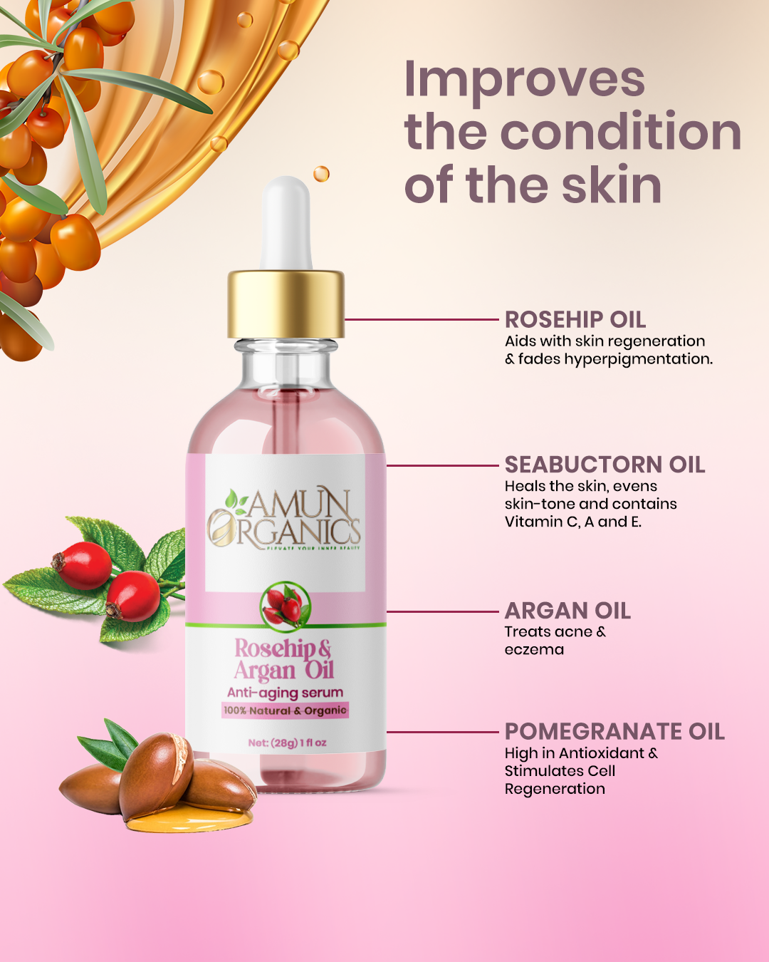 Amun Organics rosehip and argan oil bottle with ingredients listed on a pink background