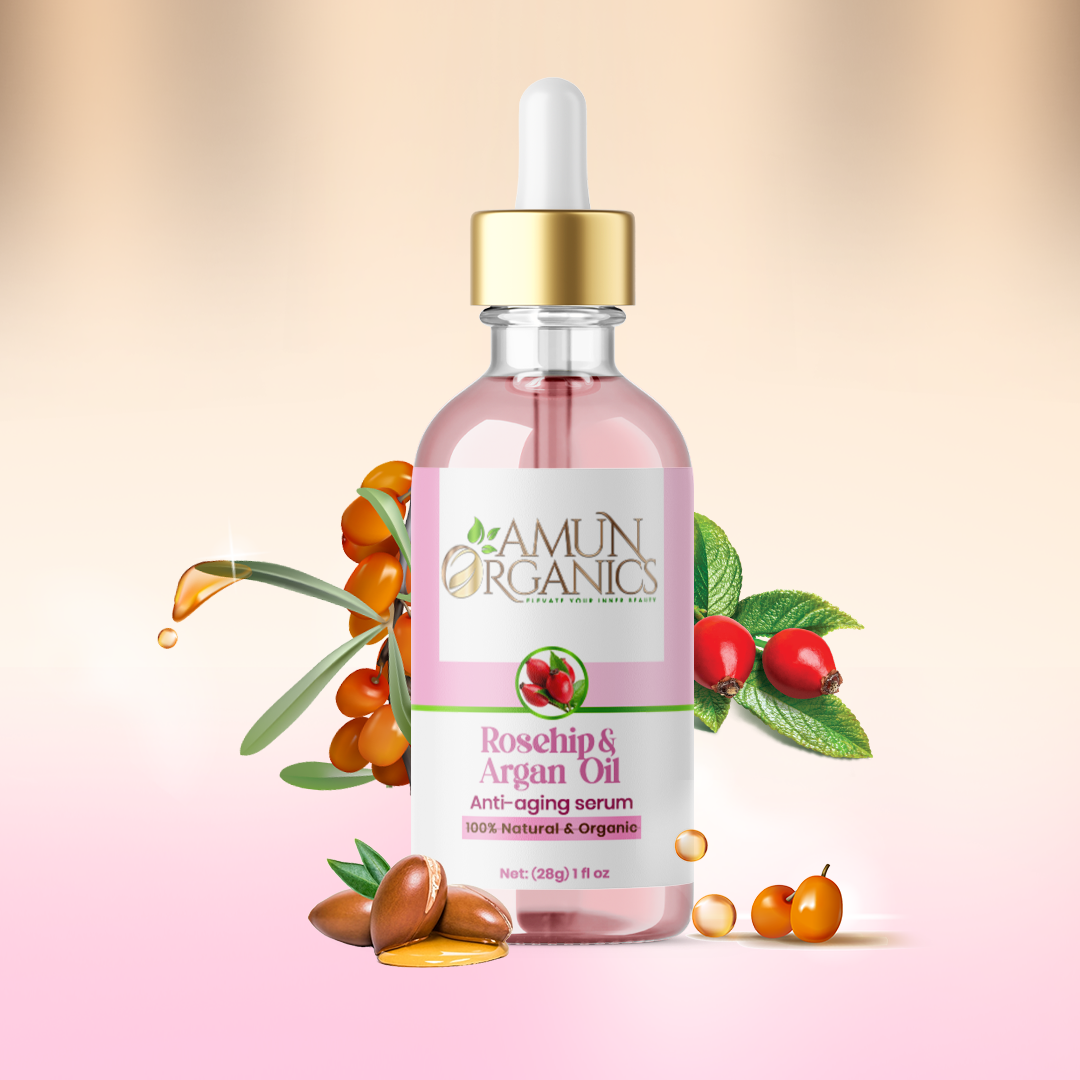 Amun Organics rosehip and argan oil serum bottle with dropper on a pink background