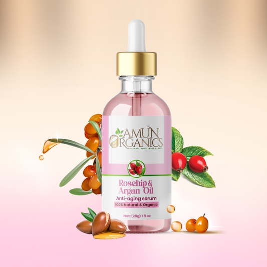 Amun Organics rosehip and argan oil serum bottle with dropper on a pink background