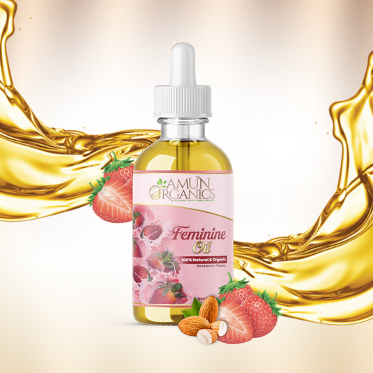 Bottle of Amun Organics Feminine Oil with strawberry and almond ingredients on a gold liquid background