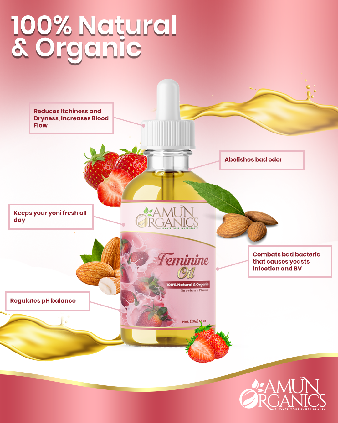 Amun Organics Feminine Oil bottle with strawberry, almond, and leaf graphics on a pink background