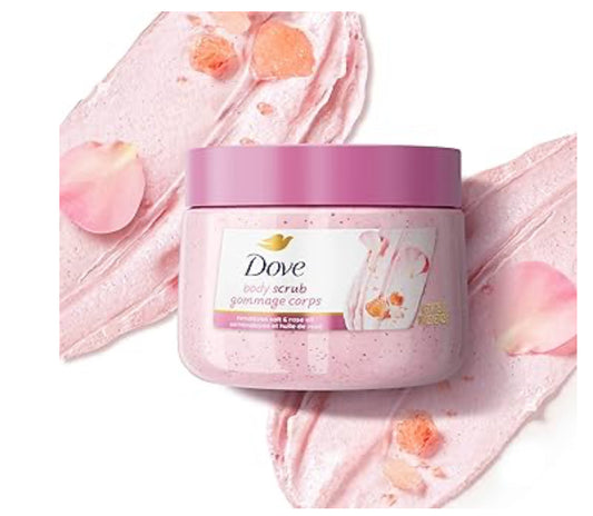 Dove body scrub jar with pink lid on a white background