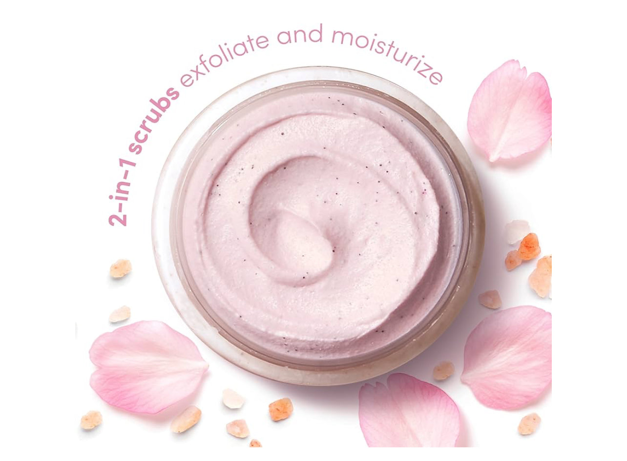 Pink Dove exfoliating scrub in a jar with pink petals 