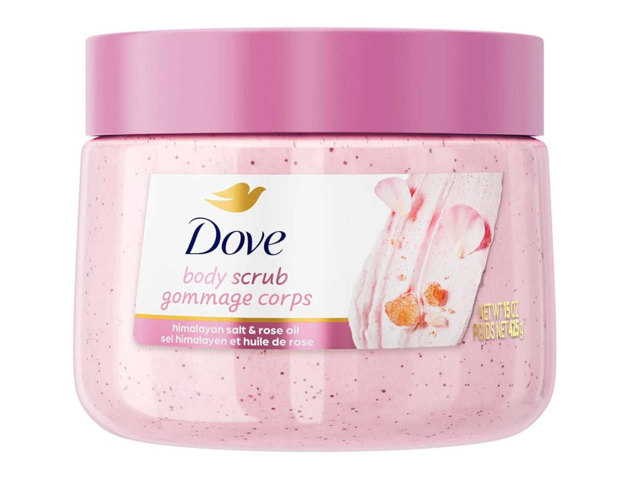 Dove body scrub jar with pink lid and packaging