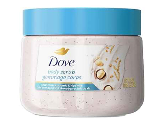 Dove body scrub jar with blue lid on a white background