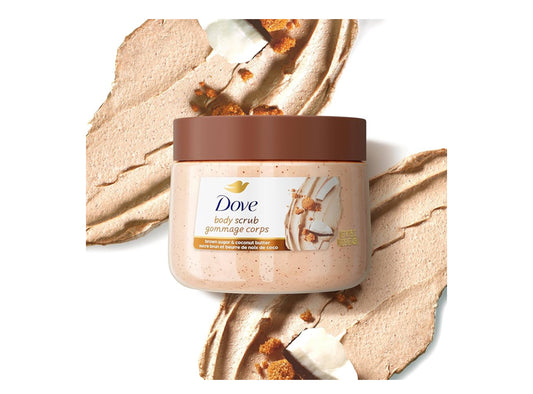 Dove body scrub jar with a brown lid on