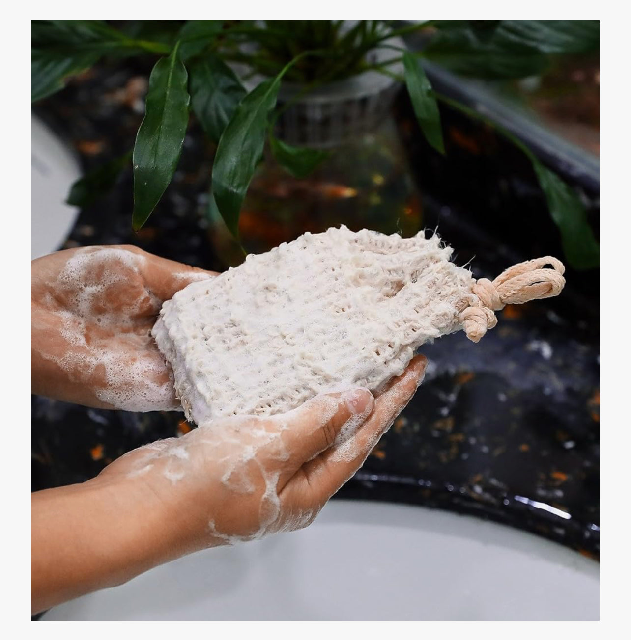 Person holding a block of white material with green plants in the background
